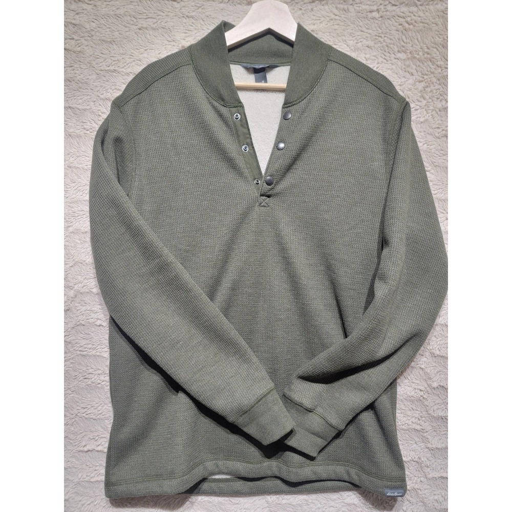 Eddie Bauer Mens Waffle Knit Sherpa Lined Henley Pullover Olive Green Medium